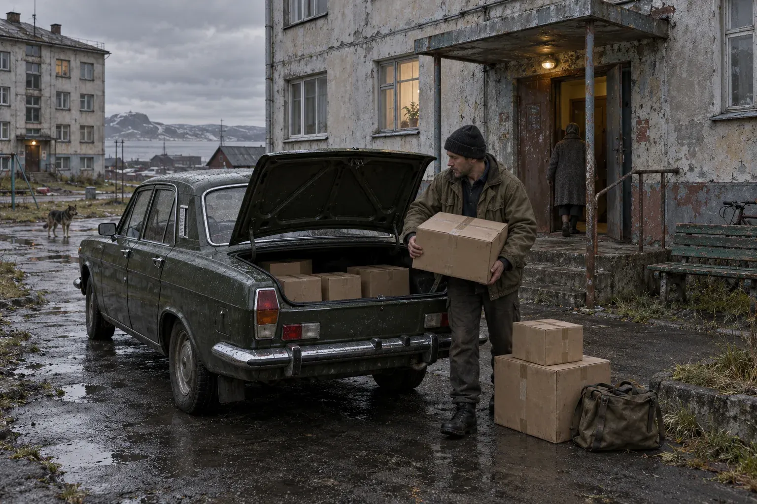 Курьер разгружает посылки из зелёной Волги